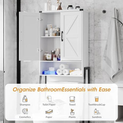 Vabches Over The Toilet Storage Cabinet with 2-Door Design Bathroom Organizers and Storage with Anti-Tip Device Over Toilet Organizer with Shelves for Bathroom,Restroom,Laundry White