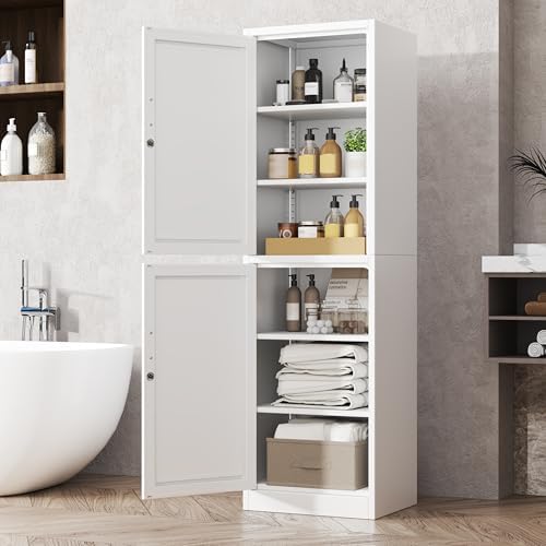 Tall Metal Narrow Bathroom Storage Locker Cabinet 67" H,White Kitchen Pantry Cabinets with 4 Adjustable Shelves and 2 Lockable Doors,File Cabinet Organizer for Kitchen Home Office Living Dining Room