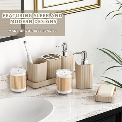 XLHOMO 26PC Bathroom Accessories Set - Gorgeous Bathroom Set, Beige Bathroom Accessory Set, Shower Curtain Set with Bathtub Mats for Shower Tub, Trash Can & Soap Dispenser