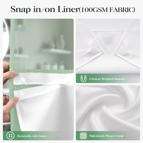 Dynamene Mint Green Hook Free Waffle Shower Curtain & Snap-in Liner,72x81
