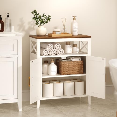 Bathroom Storage Cabinet with Doors, Adjustable Shelf, Wood Top