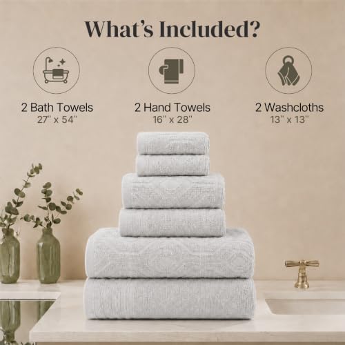 Modern Threads 6 Piece Bath Towel Set – Bathroom Towel Set with 2 Bath Towels, 2 Hand Towels & 2 Washcloths – 100% Cotton, Soft & Absorbent – Geometric (Silver Cloud)