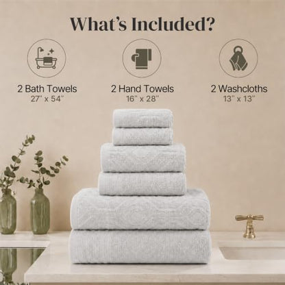 Modern Threads 6 Piece Bath Towel Set – Bathroom Towel Set with 2 Bath Towels, 2 Hand Towels & 2 Washcloths – 100% Cotton, Soft & Absorbent – Geometric (Silver Cloud)