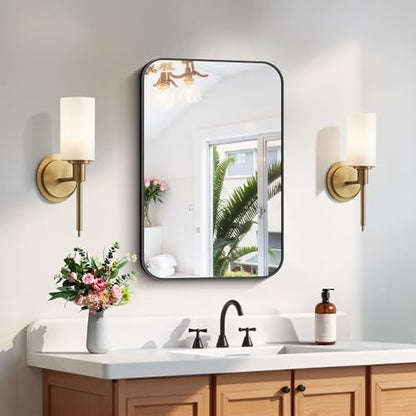 FORBATH Black Bathroom Mirror for Over Sink, Wall Mirror 16x24 Inch with Metal Frame, Rounded Corners for Bathroom, Bedroom, Entryway Décor
