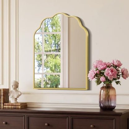 Gold Arched Mirror, 18×24Inch Scalloped Bathroom Mirror, Wavy Wall Mounted Vanity Mirror with Aluminum Alloy Frame for Livingroom Bedroom and Entryway, Tempered Glass