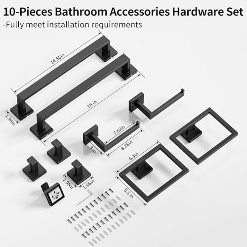 Gypie Bathroom Accessories Set Wall Mounted, 10-Piece 16In Matte Black