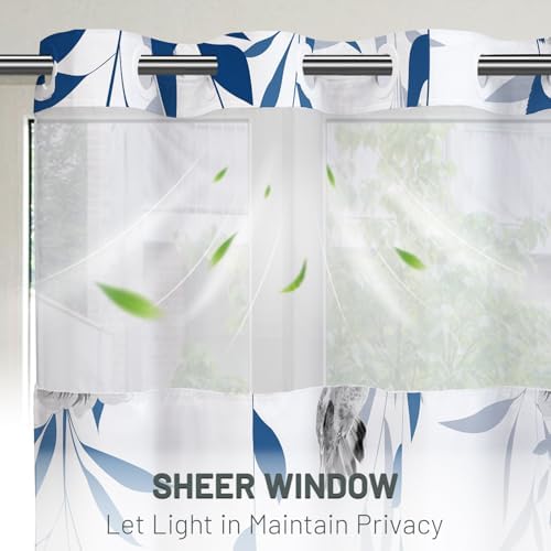 WITHLOC No Hook Floral Shower Curtain with Liner, Blue Grey, 71x74