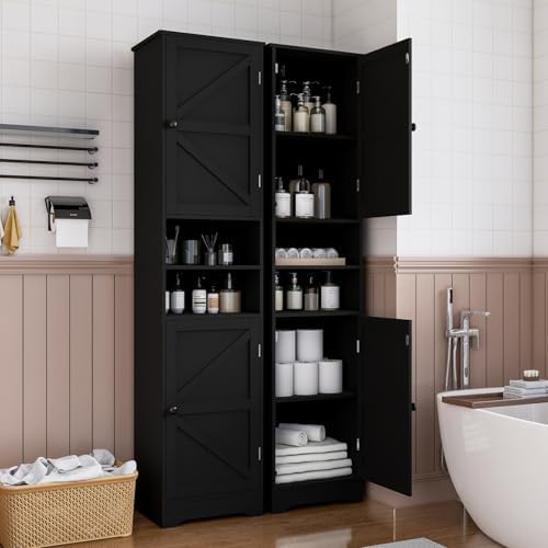 Viaozutis Tall Bathroom Storage Cabinet, Slim Freestanding Cabinet with Adjustable Shelves, Vertical Storage Organizer for Small Bathrooms, Toilet Paper & Daily Essentials Storage Black