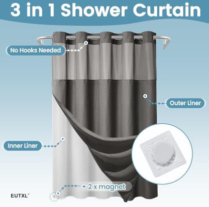 Heavyweight Waffle No Hook Shower Curtain with Liner, Charcoal Grey, 71x74