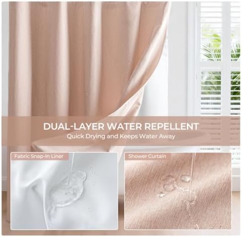 River Dream Linen Textured No Hooks Shower Curtain with Liner,Pink,71x74