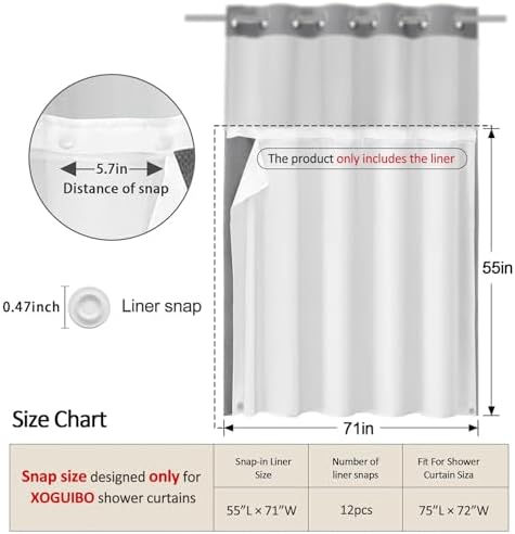 No Hook Shower Curtain Snap-in Fabric Replacement Liner 71" W x 55" L