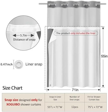 No Hook Shower Curtain Snap-in Fabric Replacement Liner 71" W x 55" L