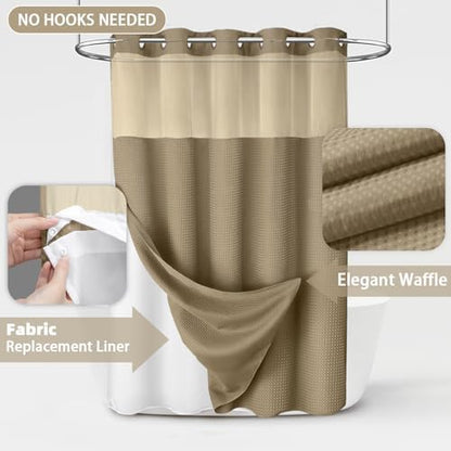 No Hook Shower Curtain with Liner Set Hotel Waffle Curtain Beige 72W X 75L