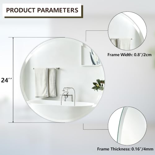 32 Inch Frameless Round Bathroom Mirror, Beveled Edge Wall Mirror, Modern Elegant Vanity Mirror for Bathroom Living Room Entryway