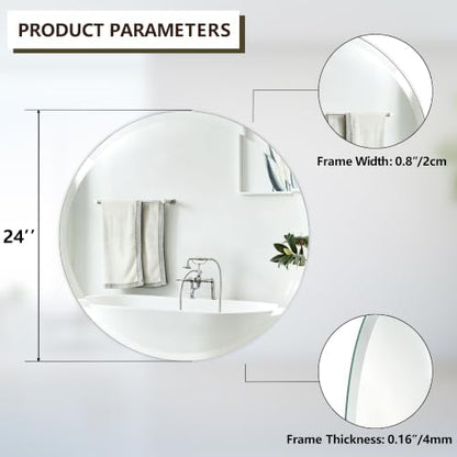 24 Inch Frameless Round Bathroom Mirror, Beveled Edge Wall Mirror, Modern Elegant Vanity Mirror for Bathroom Living Room Entryway