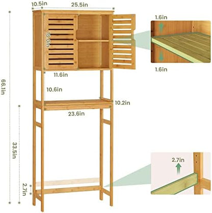 VIAGDO Over The Toilet Storage Cabinet, Tall Bathroom Cabinet Organizer with Cupboard and Adjustable Shelves, Freestanding Toilet Shelf Space Saver Rack Stand for Laundry Room, Balcony, Bamboo