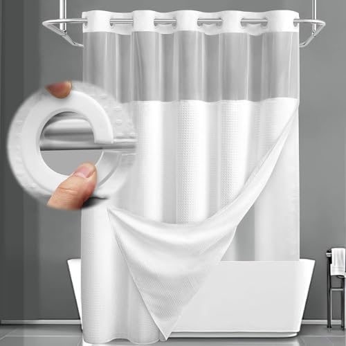 No Hook Shower Curtain with Liner Set Hotel Waffle Curtain White 72W X 81L