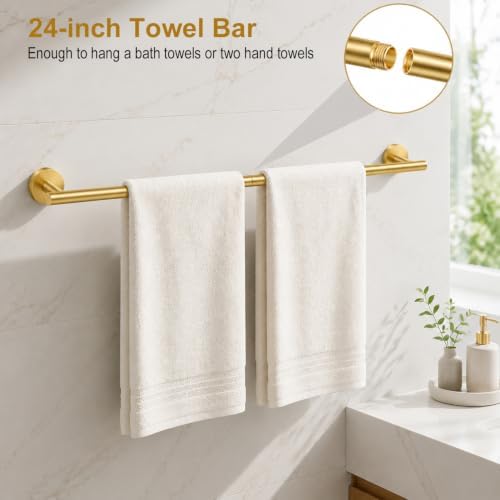 Brushed Gold Bathroom Accessories Set, 10 Pieces Gold Towel Bar Bathroom Hardware Set, 24 Inch Towel Racks for Bathroom, SUS304 Stainless Steel Bathroom Towel Holder Toilet Paper Holder Wall Mounted
