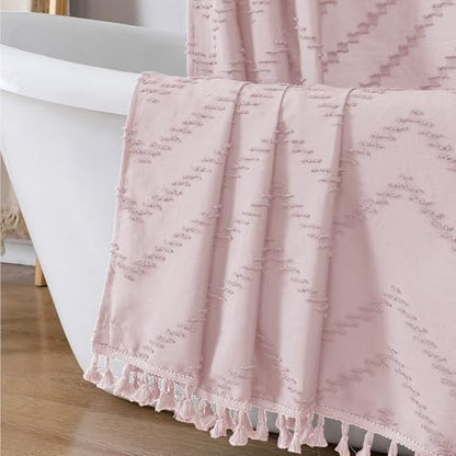 OWENIE Boho Shower Curtain, Blush Pink Fabric Cloth Shower Curtains Farmhouse Tufted Chevron Striped Textured with Tassel for Bathroom, Soft Hotel Style Modern Minimalist, Machine Washable, 72x72