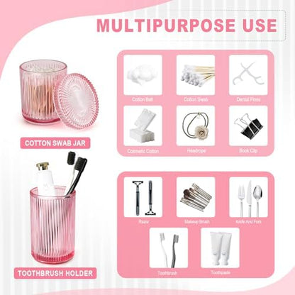 Pink Bathroom Accessories Set, 4 Pcs Glass Bathroom Accessory Set, Pink Soap Dispenser and Toothbrush Holder Set, Qtip Holder Set, Vintage Bathroom Sink Set, Cute Bathroom Decor