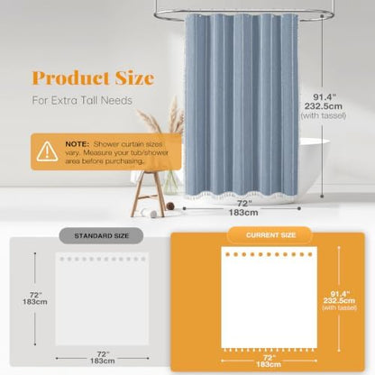BTTN 72 x 90 Boho Farmhouse Linen Heavy Duty Cloth Shower Curtain Set, Blue