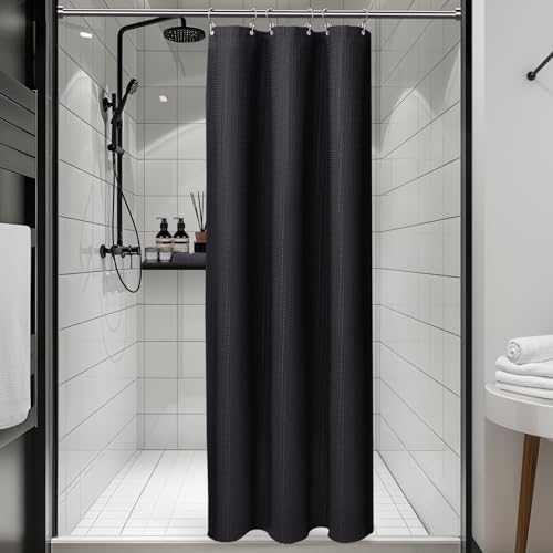 Vipfree 3 in 1 Shower Curtain Set, Waffle Shower Curtain and Liner Set with 6 Double Sided Shower Curtain Hooks, 258GSM Luxury Weighted Cloth Shower Curtain for Shower Stall, 36 W x 72 H, Black
