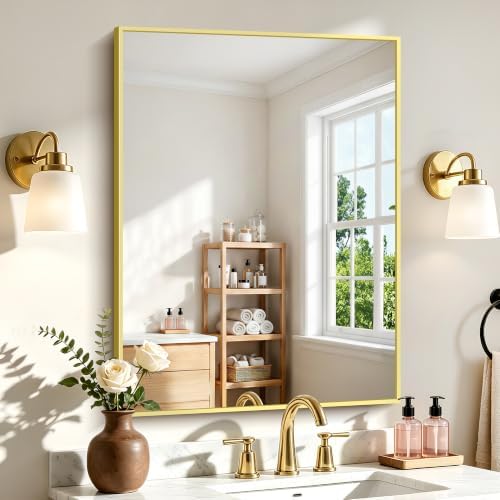 COFENY Gold Bathroom Mirror for Wall, 24x32 Inch Rectangle Mirror with Metal Frame, Modern Vanity Mirrors for Bathroom Living Room, Entryway Hangs Horizontal or Vertical