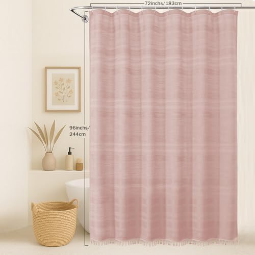 OVZME Extra Long Pink Shower Curtain 96 Inch Long, Boho Linen Textured Soft Fabric Heavy Duty Cloth Bathroom Shower Curtain with Tassel, Tall Farmhouse Luxury Bath Decor, 72Wx96L Inches