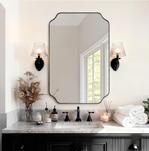 ANDY STAR Matte Black Mirror 26x38 Inch, Scalloped Wall Mirror, Unique Rectangular Bathroom Mirror in Premium Stainless Steel Metal Frame 1’’ Deep, Hangs Vertically/Horizontally