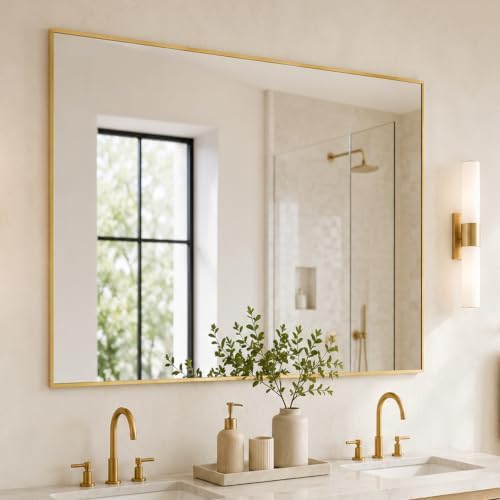 48"x36" Brushed Gold Large Framed Bathroom Vanity Wall Mirror