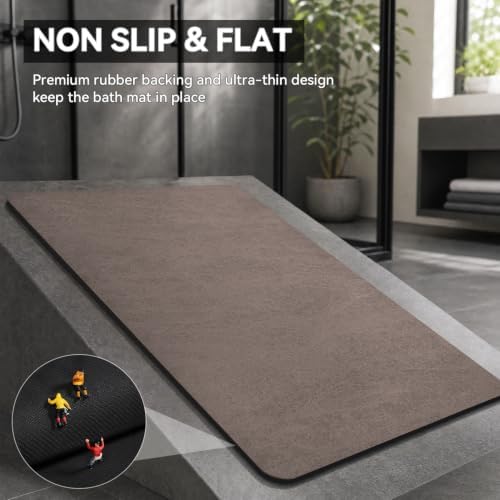 MontVoo -Bath Mat Rug-Rubber Backing Non Slip Quick Dry Absorbent Thin Bathroom Rugs Fit Under Door-Faux Suede Surface Bathroom Floor Mats-Shower Rug for in Front of Bathtub Shower Brown 17"x59"