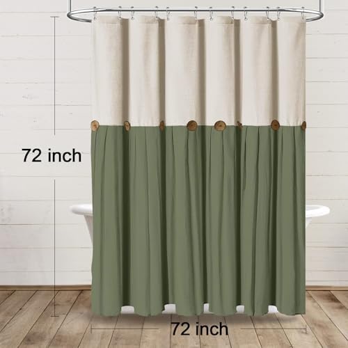 Farmhouse Shower Curtain Linen Button Cream-Green 72" W x 72" L