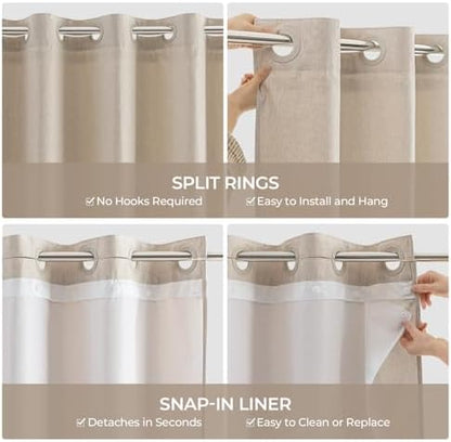 River Dream Linen Textured No Hooks Shower Curtain with Liner,Linen,71x80