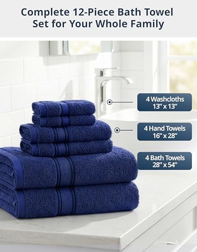LANE LINEN Towel Set 12 Piece Soft Absorbent Quick Dry 100% Cotton - Navy