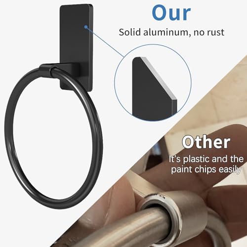 STWWO Black Hand Towel Holder for Bathroom, Adhesive Towel Rings, 2 Pack