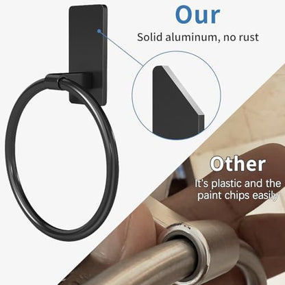 STWWO Black Hand Towel Holder for Bathroom, Adhesive Towel Rings, 2 Pack
