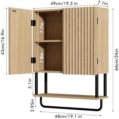 RUSTOWN Fluted Bathroom Wall Cabinet with 2 Doors, 3-Tier Medicine Cabinet