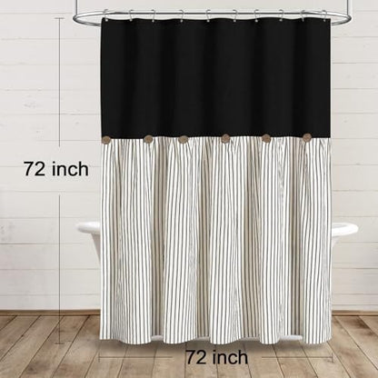 Farmhouse Shower Curtain Button Black-Black Stripe 72" W x 72" L