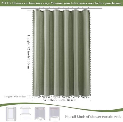Nanspring Sage Green Boho Linen Shower Curtain 72 Inch Length Vintage Farmhouse Weighted Tassel Design Green Shower Curtain for Bathroom with Hooks Bohemian Modern Neutral Cottage Style Decor 72x72