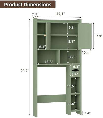 Shintenchi Over the Toilet Storage Cabinet, Bathroom Storage Cabient with Barn Doors, Bathroom Storage Shelf Organizer with Toilet Paper Holder, Adjustable Shelf and Anti-Tip Device, Green