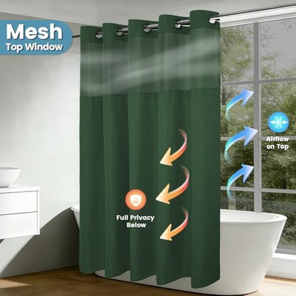 Heavyweight Waffle No Hook Shower Curtain with Liner, 71x74, Dark Green