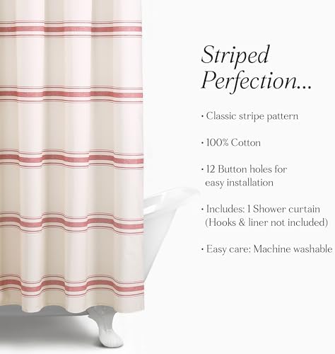 Lush Decor Farmhouse Stripe Cotton Shower Curtain, 72" W x 72" L, Red - Striped Bathroom Curtain - Fabric Shower Curtains - Farmhouse Bathroom Decor