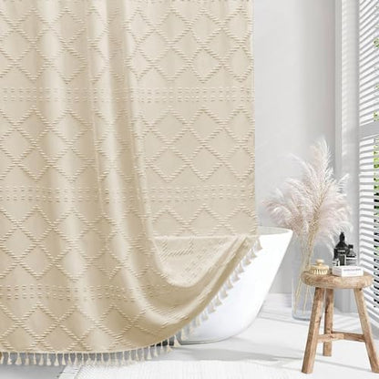 Siiluminisoy Extra Long Boho Farmhouse Shower Curtain Woven Fabric Beige 90 Inch Shower Curtain, 72 x 90 Tufted Chevron Textured Striped Modern Minimalist Cloth Shower Curtain for Bathroom
