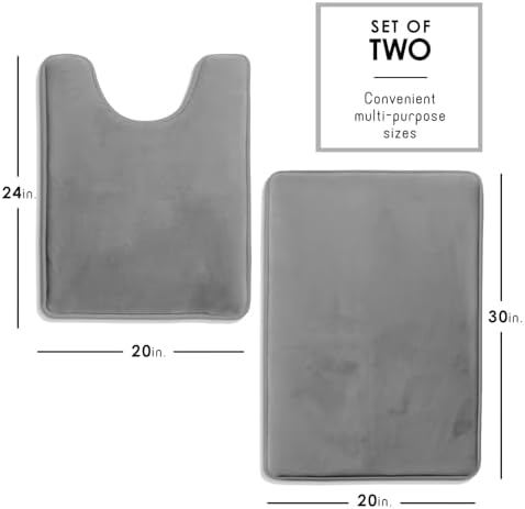 Clara Clark 2 Piece Bathroom Rugs, Velvet Memory Foam Bath Mat Set, Non-Slip Bath Rugs, Machine Wash, Dries Quickly, Ultra Soft Plush Bath Mats for Bathroom, 20 x 32 + Contour, Grey