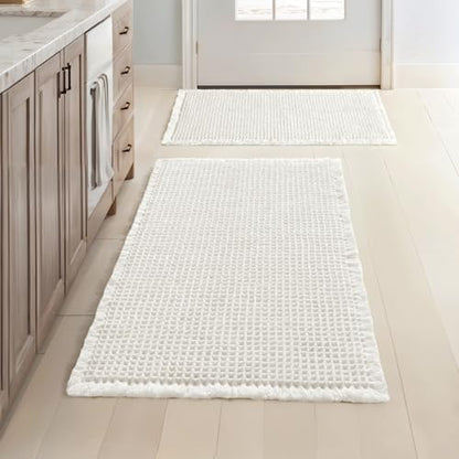 MIULEE Set of 2 Waffle Bathroom Rugs Boho Bath Mat White 17"x24"+20"x32"