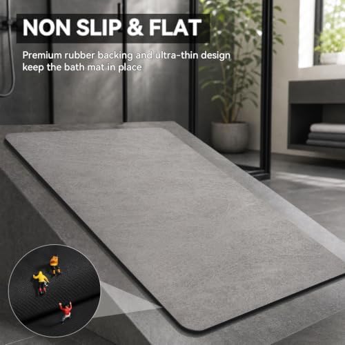 MontVoo -Bath Mat Rug-Rubber Backing Non Slip Quick Dry Absorbent Thin Bathroom Rugs Fit Under Door-Faux Suede Surface Bathroom Floor Mats-Shower Rug for in Front of Bathtub Shower Gray 17"x59"