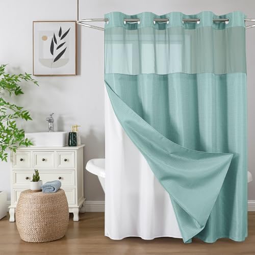 Colorful Star Teal No Hook Waffle Shower Curtain with Liner, 72 x 75 Inch