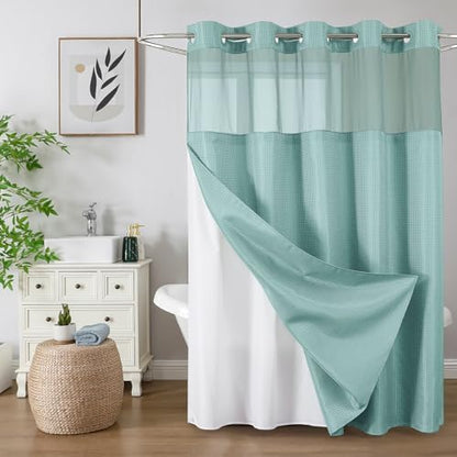 Colorful Star Teal No Hook Waffle Shower Curtain with Liner, 72 x 75 Inch