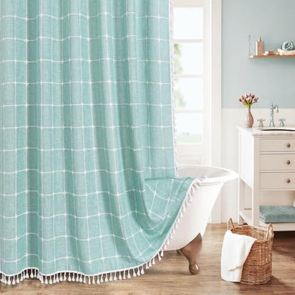 Boho Farmhouse Classic Plaid Linen Tassel Shower Curtain Teal Blue,72x84