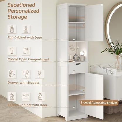 Shintenchi Tall Bathroom Storage Cabinet, Slim Corner Floor Cabinet with Doors and Drawer, Freestanding Narrow Bathroom Organizer with Adjustable Shelves for Small Space, White